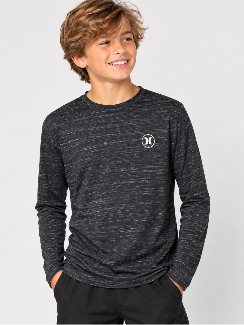 Hurley Boys Long Sleeve Shirt Size 10/12 Gray Athletic Tee Logo Lightweight